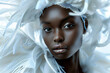 © BOTAHRY DEX - Fashion Surreal Concept. Closeup portrait of black woman in avant garde ethereal futuristic swirl edgy headgear outfit. illuminated dynamic composition. sensual, advertisement, magazine. copy space