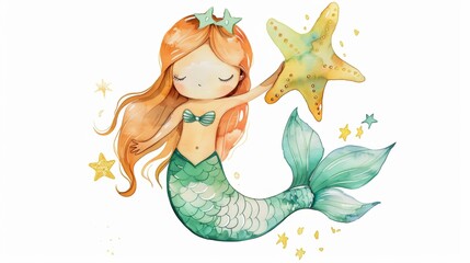 Wall Mural - Vector illustration of a cute beautiful mermaid. Nursery art for baby.