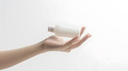 Poster - Close up woman hand holding something like a bottle or can isolated on white background with clipping path : Generative AI