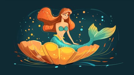 Wall Mural - Beautiful mermaid in shell in deep sea.