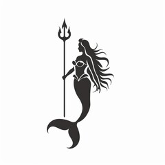 Wall Mural - Black silhouette vector illustration of a beautiful mermaid with a trident over white background.