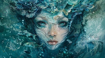 Wall Mural - Beautiful head closeup portrait of a mermaid with intrinsic patterns.