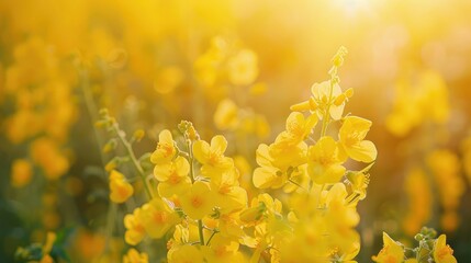 Poster - Close up view of vibrant yellow rapeseed flowers in a field Background of spring season