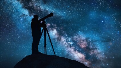 Silhouette of man with telescope standing on hill against starry sky at night, panoramic banner for stars and galaxy theme background Generative AI
