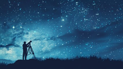 Wall Mural - Silhouette of man with telescope standing on hill against starry sky at night, panoramic banner for planet or galaxy observatory advertising Generative AI