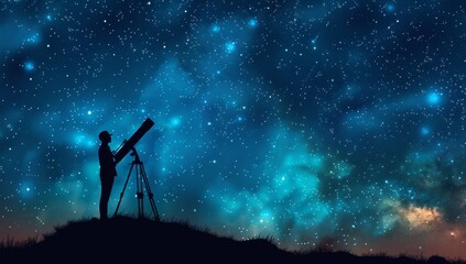 Wall Mural - Silhouette of man with telescope standing on hill against starry sky at night, panoramic banner for stargazing event or space theme park Generative AI