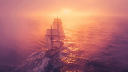 Wall Mural - Sailing ship in sea water in heavy fog at sunset.