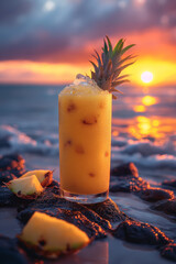 Canvas Print - A glass of orange juice with a pineapple slice on top is sitting on a rock by th
