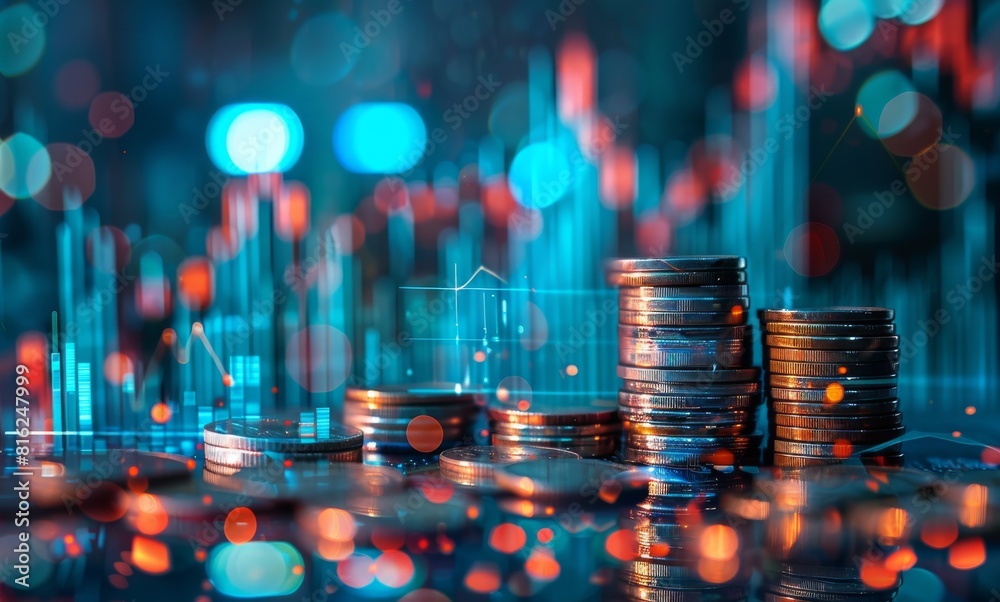 High-resolution photo of stacks of coins with a digital background and ...