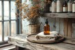 © Aliaksandra - rustic wellness decor, creating a rustic wellness ambiance with a wooden tray, hemp oil bottle, and dried botanicals in a cozy corner