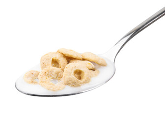 Wall Mural - Cereal rings and milk in spoon isolated on white