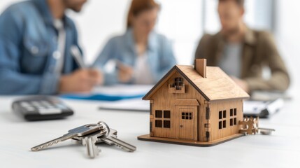 Real estate agent showing house model to clients