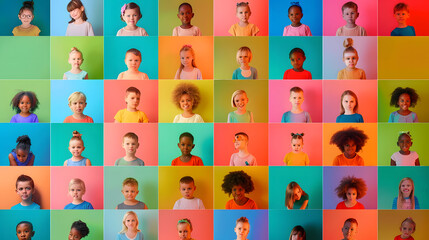 Poster - Collage with many little students on colorful background : Generative AI