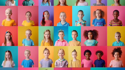 Poster - Collage with many little students on colorful background : Generative AI