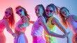© Generative AI - Group of girls wearing sporty trendy outfit with bright glittered makeup dancing synchronous in motion over gradient background in neon light Concept of hobby music motion childhood ac : Generative AI