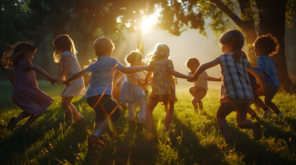 Group of kids playing games and having fun in nature Joyful little children dancing a round dance on green grass in the park Several happy little friends holding hands and running in a : Generative AI