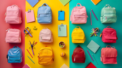Poster - Different school backpacks with stationery on colorful background top view : Generative AI