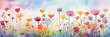 Artistic panorama of diverse flowers in watercolor, perfect for backgrounds and spring themes