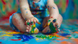 © Generative AI - Artistic child Colorful childhood creative baby girl Early children education Creativity concept Little baby painting on doll Baby child draws with colored paints hands dirty feet and  : Generative AI