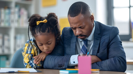Poster - African american young male teacher consoling sad biracial elementary schoolgirl sitting at desk unaltered education communication childhood sadness depression failure and school conce : Generative AI