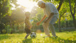 © Generative AI - Happy family grandfather and grandson play football on lawn in the park : Generative AI