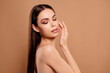 © Beauty Hero - Photo of pretty girl touch face enjoy tender skin isolated pastel color background