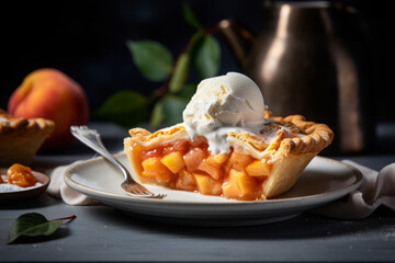 Wall Mural - Fresh slice of peach pie topped with a scoop of melting vanilla ice cream, served on a white plate