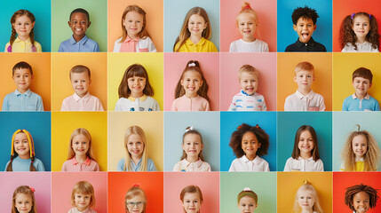 Poster - Collage with many little schoolchildren on color background : Generative AI