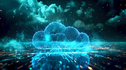 Aufkleber - Futuristic glowing cloud with neon lights over a digital cityscape. Conceptual tech background showcasing cloud computing. Modern, digital, and clean design style. AI