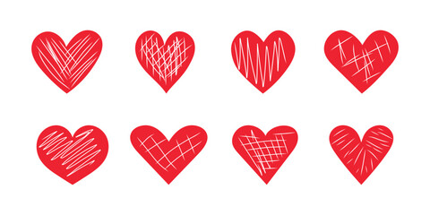 Wall Mural -  Red hearts with different scratches. Set of vector hearts. Collection of hearts on white background.