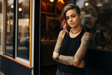 Confident young woman tattoo master stands in front of her tattoo salon, female small business owner