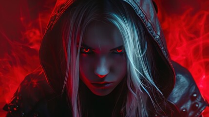 White haired woman gothic mysterious black hoodie with red light and with a serous look AI generated image