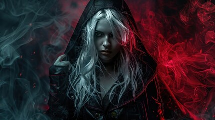 White haired woman gothic mysterious black hoodie with red light and with a serous look AI generated image