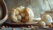 An artistic representation of Lian Rong Bao with an exploded view showing the layers of dough and rich, creamy lotus seed filling, Close up