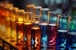 Vibrant colored chemicals in test tubes on laboratory rack