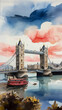 Watercolor illustration of London bridge on the River Thames in London.