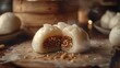 An artistic representation of Lian Rong Bao with an exploded view showing the layers of dough and rich, creamy lotus seed filling, Close up