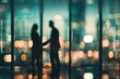 Blurred business people shaking hands in an office interior, closeups of two men and a woman standing near a window with a blurred cityscape outside Generative AI