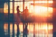 Blurred silhouettes of business people shaking hands in an office interior, silhouettes of two men and a woman doing a handshake against a blurred background with windows Generative AI