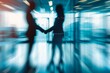 A businessman and woman silhouettes standing together in a modern hall with panoramic windows A blurry background of a male manager doing a handshake after a serious deal Generative AI