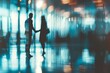 Business people shaking hands in a blurry office setting Blurred silhouettes of a business woman and man standing in a modern interior Generative AI