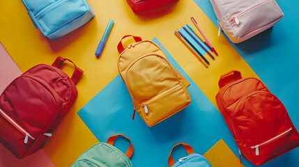 Poster - Different school backpacks with stationery on colorful background top view : Generative AI