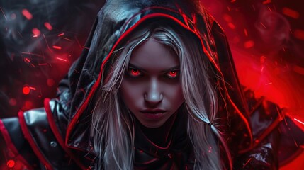 Wall Mural - White haired woman gothic mysterious black hoodie with red light and with a serous look AI generated image