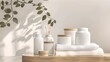Soothing Spa Essentials on Wooden Shelf, Elegantly Arranged Towels and Bottles, Minimalistic Serenity Concept with Natural Light and Shadow Play. AI