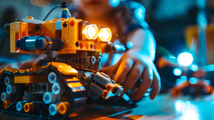 Poster - Robotics programming class Children construct and code Robot STEM education using constructor blocks and laptop remote control joystick Technology educational development for school ki : Generative AI