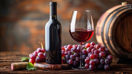 Wall Mural - Grapes and barrels on wooden background with red wine bottle and glass