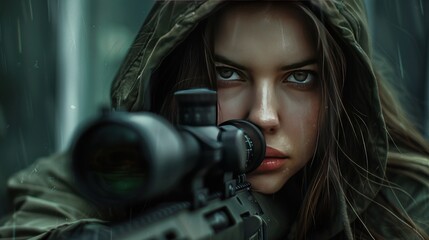 Woman sniper shooter in a professional forces specialist use hood wallpaper AI generated image