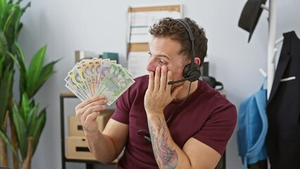 Canvas Print - Young man wearing headset holding romanian lei banknotes celebrating achievement with happy smile and winner expression with raised hand at the office