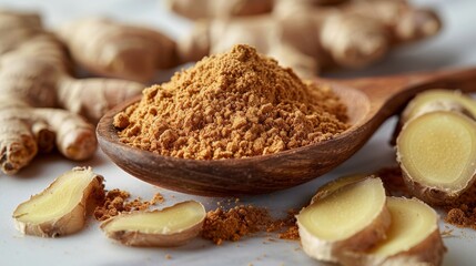 A wooden spoon with ground dry ginger is placed on a white wooden background