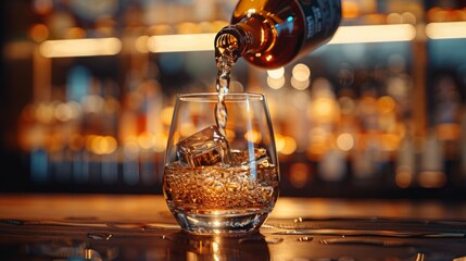 Wall Mural - Blurred bar background with scotch whiskey being poured into a glass